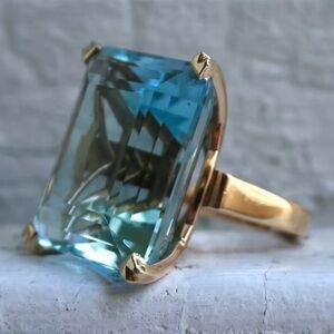 Large Stone Statement Ring Aquamarine and Gold Sterling Silver Ring New